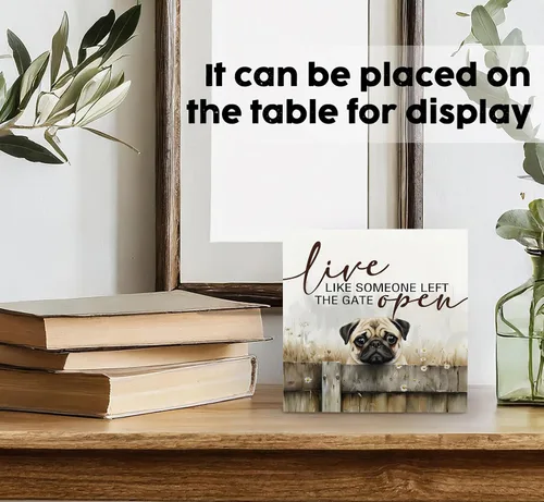 Vista 3 de Cartel de pug – Decoración rústica de granja con diseño de perro occidental, para oficina, cocina, dormitorio, decoración rústica con texto
