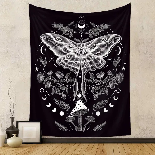 Vista 2 de Naykow Tapiz gótico de polilla de mariposa, hippie y emo, grunge, gótico, champiñón, bruja para dormitorio, estético, vertical, vertical, vintage