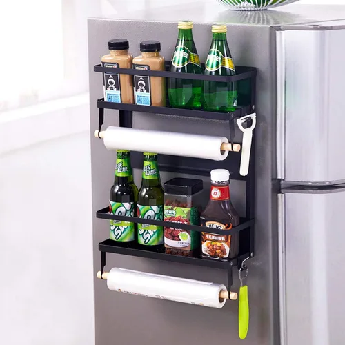 Vista 4 de Jolitac Estante magnético para especias para refrigerador, organizador de ahorro de espacio, estante negro en el refrigerador, soporte para toallas