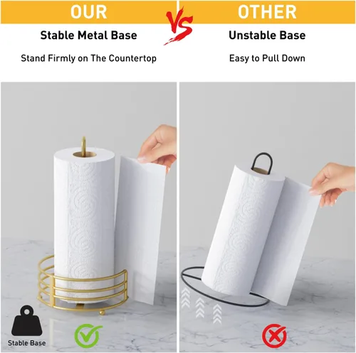 Vista 4 de Buruis Toallero de papel dorado brillante para encimera de cocina, desgarro con una mano con base de 8 pulgadas de ancho, 13 pulgadas de altura