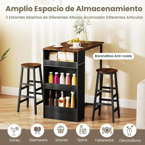 Vista 5 de COSTWAY Juego de mesa de bar de 3 piezas, juego de mesa de desayuno de con 3 estantes de almacenamiento, 2 taburetes redondos, juego de mesa