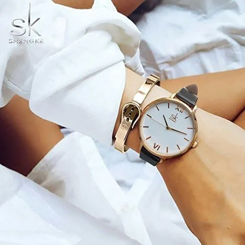 Vista 5 de SK - Reloj de pulsera para mujer, correa de piel, de cuarzo, reloj de lujo japonés de cuarzo.