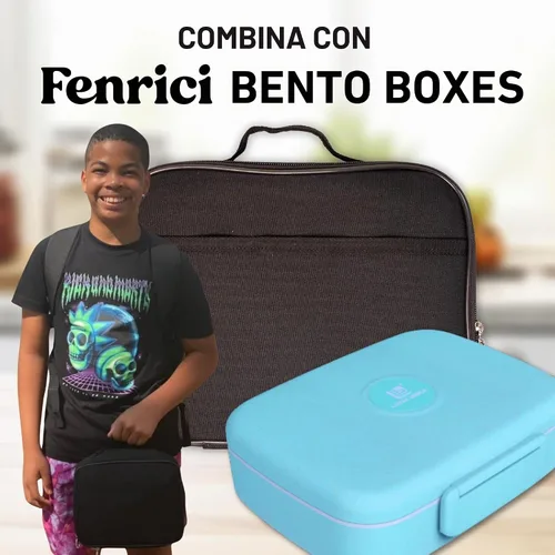 Vista 6 de Lonchera infantil de Fenrici, para niñas, adolescentes, mujeres, bolsa de almuerzo aislada, compartimentos de lados suaves, espaciosos, sin BPA Negro