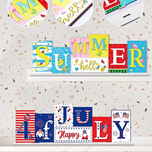Vista 5 de Chunful Decoración reversible de mesa de verano del 4 de julio, letrero de madera de doble cara, decoración de verano, 250 aniversario, decoración