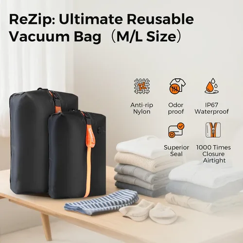 Vista 2 de Aerogogo ReZip - Bolsas de vacío para equipaje de viaje, bolsas de compresión reutilizables, cubo de embalaje con sellado al vacío para embalaje