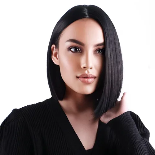 Vista 3 de Pelucas de cabello negro corto y lacio negro para mujer, peluca de cosplay con parte lateral, resistente al calor, pelucas sintéticas de aspecto