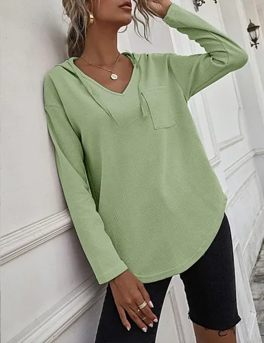 Vista 6 de Sudadera de manga larga con capucha y cuello en V, sudadera sin botones con cordón y bolsillo