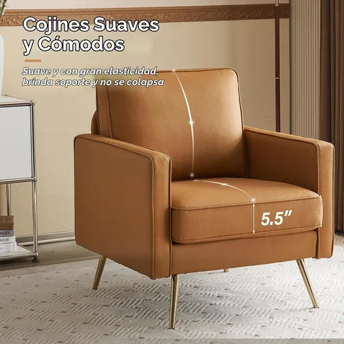 Vista 4 de VINGLI Silla de acento moderna de cuero PU para sala de estar, silla cómoda de dormitorio, silla de lectura con brazos con patas de metal dorado