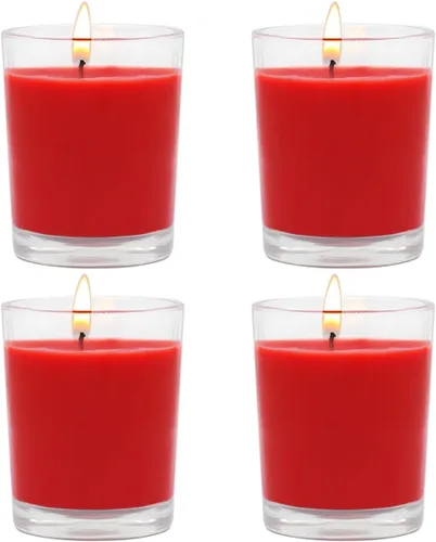 Vista 12 de Juego de 4 velas votivas verdes para Navidad y día de San Patricio, velas de cera de soja sin perfume rellenas de vidrio transparente