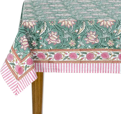 Vista 16 de Ridhi Mantel rectangular con estampado de bloque de mano verde espárragos Espárragos Verde Gadd