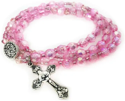Vista 6 de Juego de rosario y rosario de corte de cristal rosa madre María, rosario católico, rosarios católicos para mujer, regalos católicos para mujer