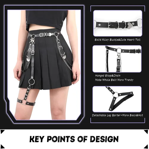 Vista 4 de WERFORU Cinturón punk de piel sintética para mujer con cadena, cinturón gótico de roca con ligas de pierna
