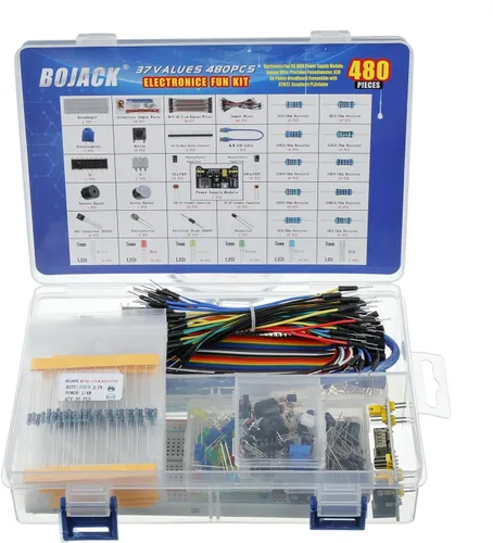 Vista 5 de BOJACK 37 Values - Kit de 480 piezas de componentes electrónicos con módulo de fuente de alimentación, cable de puente, potenciómetro de precisión