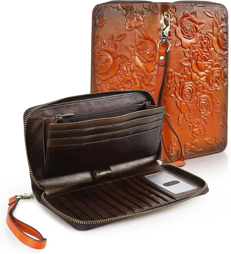Vista 7 de Cartera de cuero con bloqueo RFID para mujer, de gran capacidad, con correa de mano desmontable