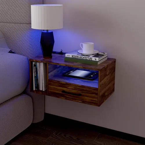 Vista 9 de Homaterial Mesita de noche flotante con estación de carga y luces LED, mesita de noche flotante con cajones, mesitas de noche montadas en la pared