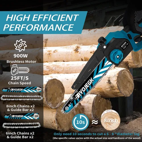 Vista 2 de RYOJEGK Mini motosierra sin escobillas de 8 y 6 pulgadas, 2 x 4.0 Ah de instalación sin herramientas, pequeña motosierra inalámbrica con 4 guía