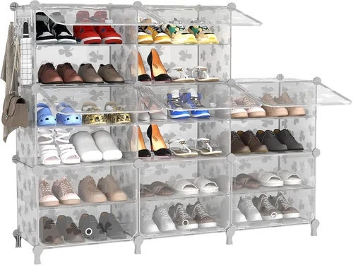 Vista 8 de UNKU Zapatero de 8 niveles, armario de almacenamiento de zapatos de 32 pares de estantes de plástico para zapatos, organizador para armario, Negro