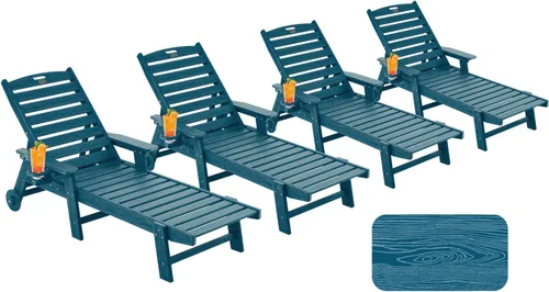 Vista 17 de Chaise Lounge Chair al aire libre con ruedas, silla de patio de gran tamaño con textura de madera, silla de plástico de 5 posiciones para piscina
