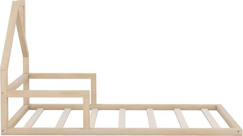 Vista 6 de Quarte Cama de suelo de madera de tamaño individual con cabecera en forma de casa, marco de cama de plataforma de madera para dormitorio,