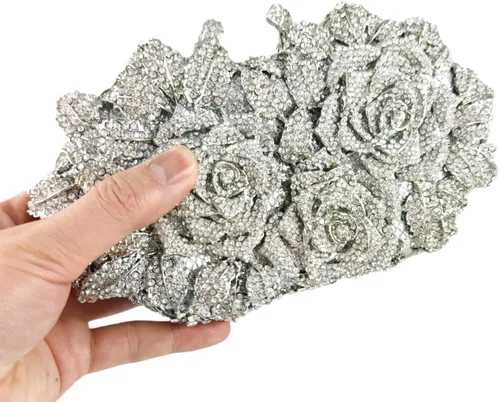 Vista 7 de Boutique De FGG Deslumbrantes bolsos de noche de flores para mujer, bolsos formales de fiesta con diamantes de imitación, bolso de mano de cristal