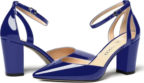 Vista 6 de MODENCOCO Zapatos de tacón alto de charol D'Orsay con correa de tobillo recortada para mujer, 3.5 pulgadas