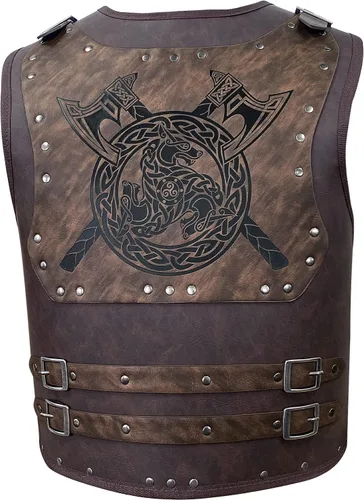 Vista 4 de HiiFeuer Armadura de pecho de guerrero vikingo con brazalete vikingo Fenrir y bolsa medieval con cordón, juego de guerrero de piel sintética retro