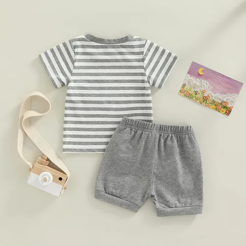 Vista 18 de Conjunto de ropa casual de manga corta con botones y pantalones cortos de lino para bebés y niños pequeños