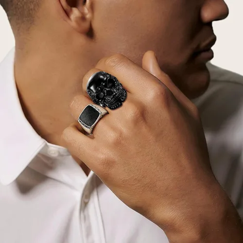 Vista 6 de FIBO STEEL Anillos de acero inoxidable de cráneo de cabeza, color negro, para hombres y mujeres, tamaños 8-14