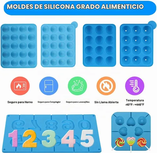 Vista 6 de Kit de 554 piezas para hacer pasteles – Moldes de silicona para piruletas con soporte de exhibición de 3 niveles Olla para fundir dulces