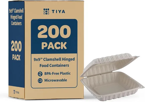 Vista 10 de TIYA - Recipientes de comida Clamshell color blanco, paquete de 150 unidades, 8 x 8 pulgadas, recipientes para llevar, plástico para microondas