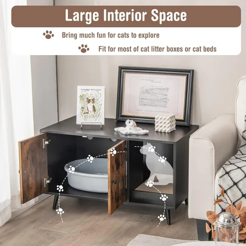 Vista 7 de Tangkula Caja de arena para gatos, baño para gatos con división, almohadilla para rascar, pata de metal, gabinete cerrado para mascotas con puertas