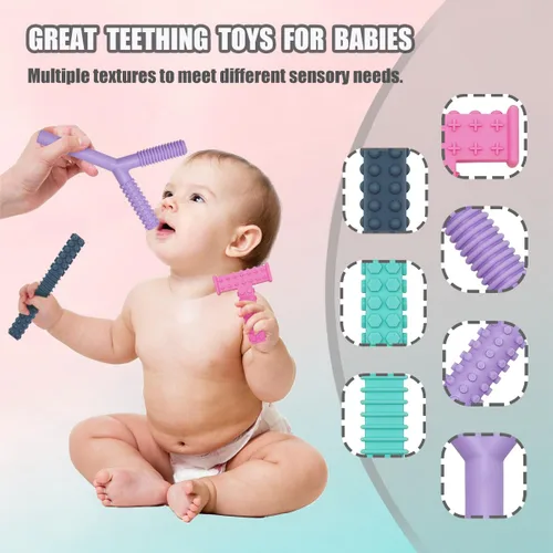 Vista 6 de Juguetes sensoriales para masticar para niños autistas, paquete de 4 tubos masticables para niños, silicona suave y duradera, herramientas motoras