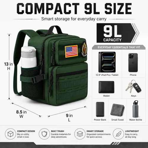 Vista 2 de Mini mochila táctica de 9L para hombres y mujeres, mochila táctica militar pequeña para deportes, gimnasio, senderismo, viajes, camping, Verde Verde
