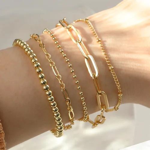 Vista 2 de DEARMAY Juego de pulseras de oro para mujer, a la moda, delicadas, chapadas en oro real de 14 quilates, apilables