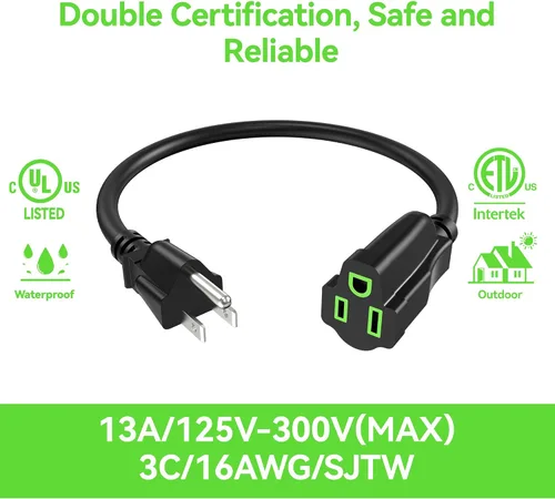 Vista 2 de Cable de extensión de alimentación de 0.5 pies/6 pulgadas (paquete de 10), cable de extensión eléctrico corto de 3 clavijas, salida única