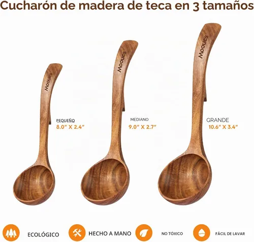 Vista 5 de Cucharón de madera para sopa, cucharón de madera de teca de 3 tamaños con ganchos traseros, cucharas de madera resistentes al calor para cocinar