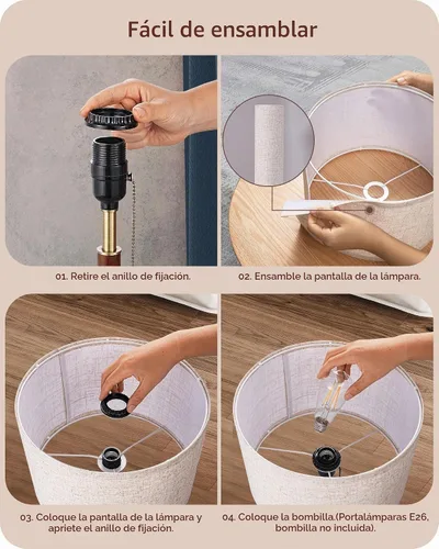 Vista 5 de EDISHINE Juego de 2 lámparas de mesa de mediados de siglo, lámpara de noche con interruptor de cadena, pantalla de lino, poste de madera maciza