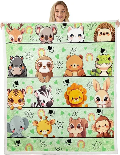 Vista 13 de Manta de franela de animales de dibujos animados para todas las estaciones, manta de cama azul con estampado de amor Kawaii para decoración