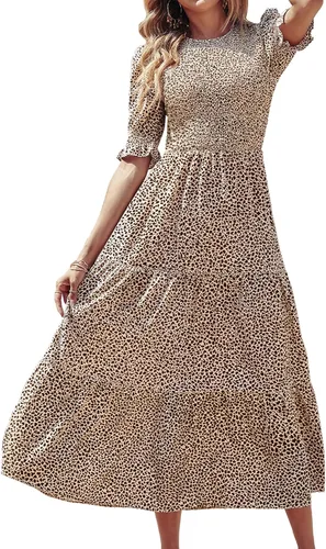 Vista 133 de BTFBM Vestidos para mujer, cuello redondo, casual, de verano, con volantes, manga corta, bohemio, con niveles, fruncido, largo, con estampado floral