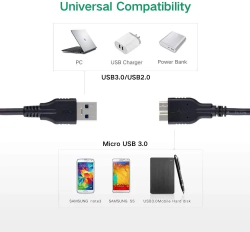 Vista 4 de QCEs Cable micro USB 3.0, cable de disco duro externo USB 3.0 tipo A macho a micro B compatible con Samsung Galaxy S5 Note 3, cámara, disco duro