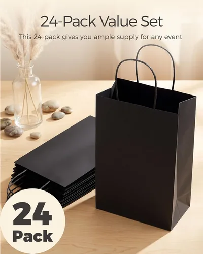 Vista 2 de SUNCOLOR Paquete de 24 bolsas de regalo negras con asas, bolsas de regalo de 8 pulgadas para bolsa de recuerdo de fiesta, Halloween, bodas y eventos