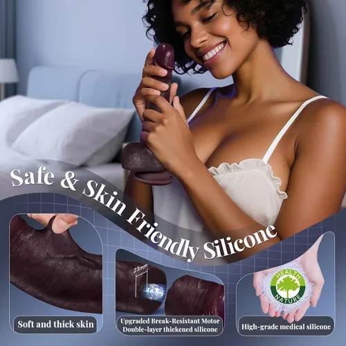 Vista 6 de Consoladro Vibrador de Empuje Negro Realista, Consoladores de Silicona Calentados y Realistas con 10 Modos de Empuje y 10 Modos de Vibración
