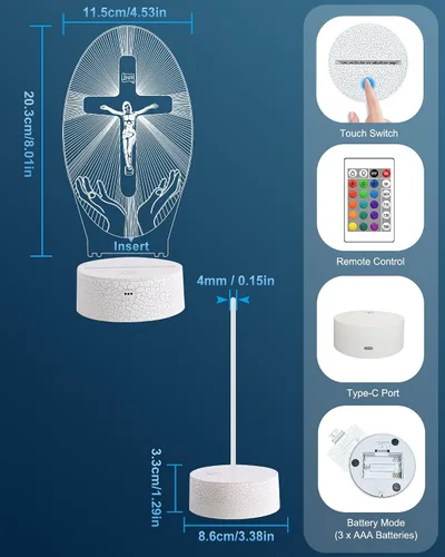 Vista 6 de Attivolife Cruz de Jesús 3D Luz Nocturna, Lámpara de Ilusión Óptica Holograma Cristiana con Control Remoto de 16 Colores Cambiantes, Lámpara LED
