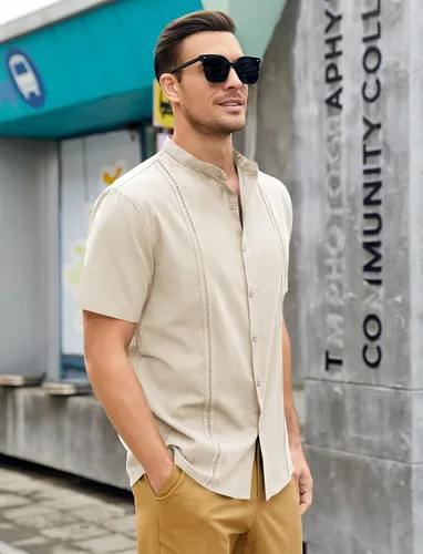 Vista 5 de Ryannology Camisas guayabera de lino de manga corta con botones para hombre, estilo casual, playa, campamento cubano, camisa mexicana para hombre