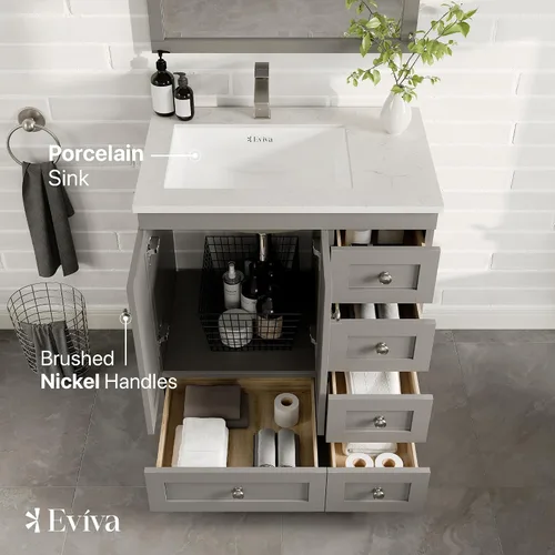 Vista 4 de Eviva Happy - Tocador de baño gris de 30 pulgadas con tapa de cuarzo Carrara y fregadero de porcelana