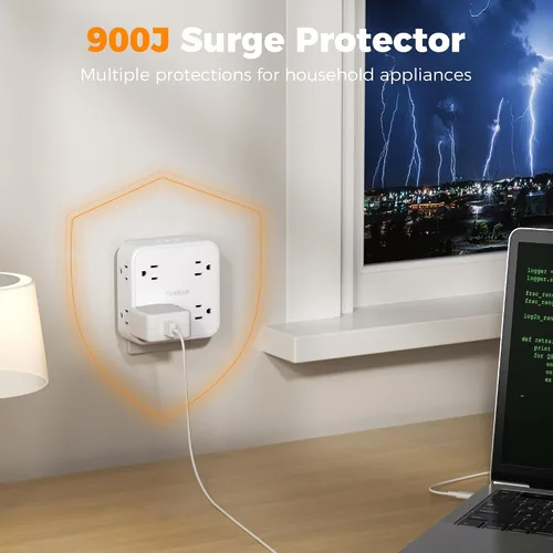 Vista 5 de TESSAN - Extensor de toma de corriente múltiple, extensor de enchufe de pared con 8 enchufes, divisor de salida múltiple con 3 puertos USB