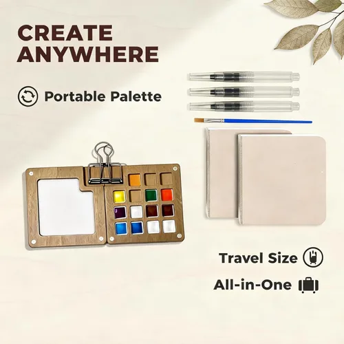 Vista 5 de Mini juego de pintura de acuarela, kit de viaje de mini paleta de pintura, juegos de paleta de artistas portátiles con 24 colores, 2 libros