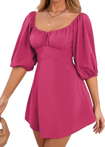 Vista 4 de Umenlele Vestido corto casual para mujer, cuello cuadrado, fruncido, lazo en la espalda, media manga, acampanado