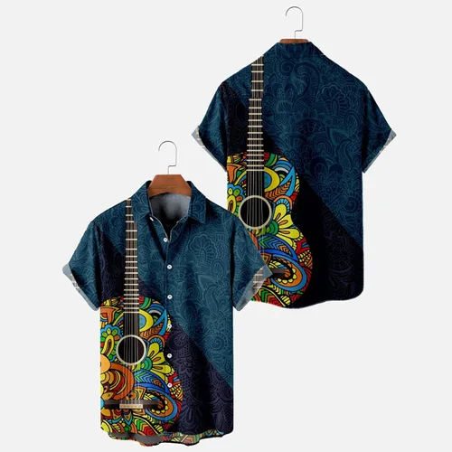 Vista 2 de Camisas hawaianas de bolos para hombre, manga corta, cuello con bandas, botones y bolsillos, camisas de guayabera cubana
