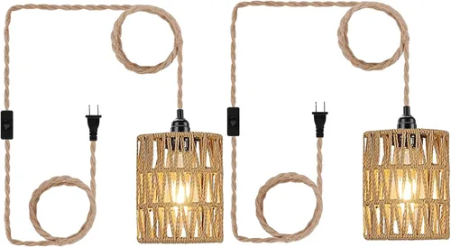 Vista 10 de Lámpara Colgante Bohemia con Enchufe, Luz Colgante with Cable con Enchufe, Lámpara de Techo con Pantalla Cilíndrica de Ratán e Interruptor